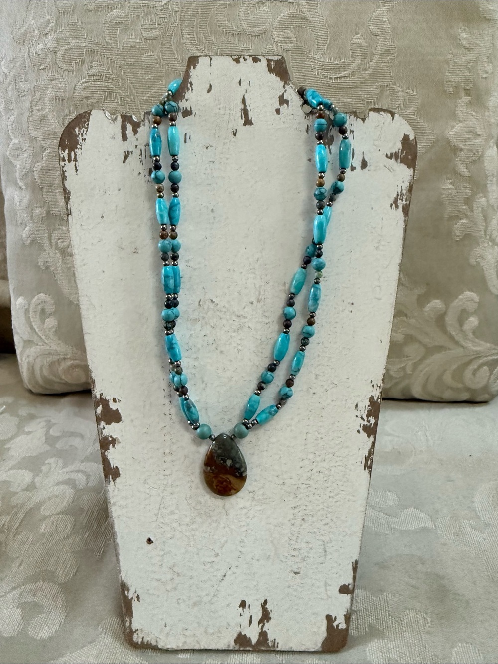 Turquoise & Picture Jasper Multi-Strand Gemstone Statement Necklace